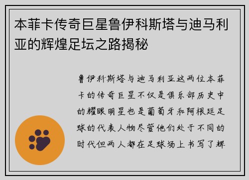本菲卡传奇巨星鲁伊科斯塔与迪马利亚的辉煌足坛之路揭秘 本菲卡传奇巨星鲁伊科斯塔与迪马利亚的辉煌足坛之路揭秘