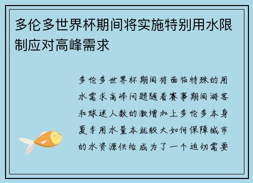 多伦多世界杯期间将实施特别用水限制应对高峰需求 多伦多世界杯期间将实施特别用水限制应对高峰需求