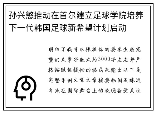孙兴慜推动在首尔建立足球学院培养下一代韩国足球新希望计划启动