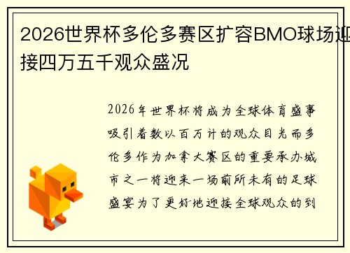 2026世界杯多伦多赛区扩容BMO球场迎接四万五千观众盛况